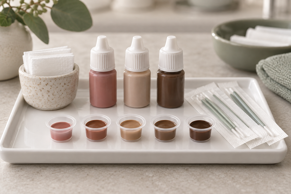 Illustration : pigments et consommables préparés pour un travail de dermopigmentation réparatrice.