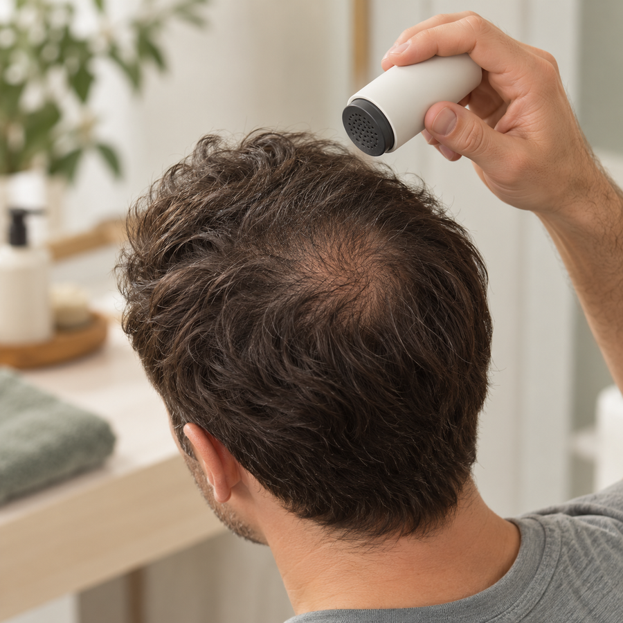 Illustration : un homme aux cheveux clairsemés prépare l’application d’une poudre de fibres capillaires.