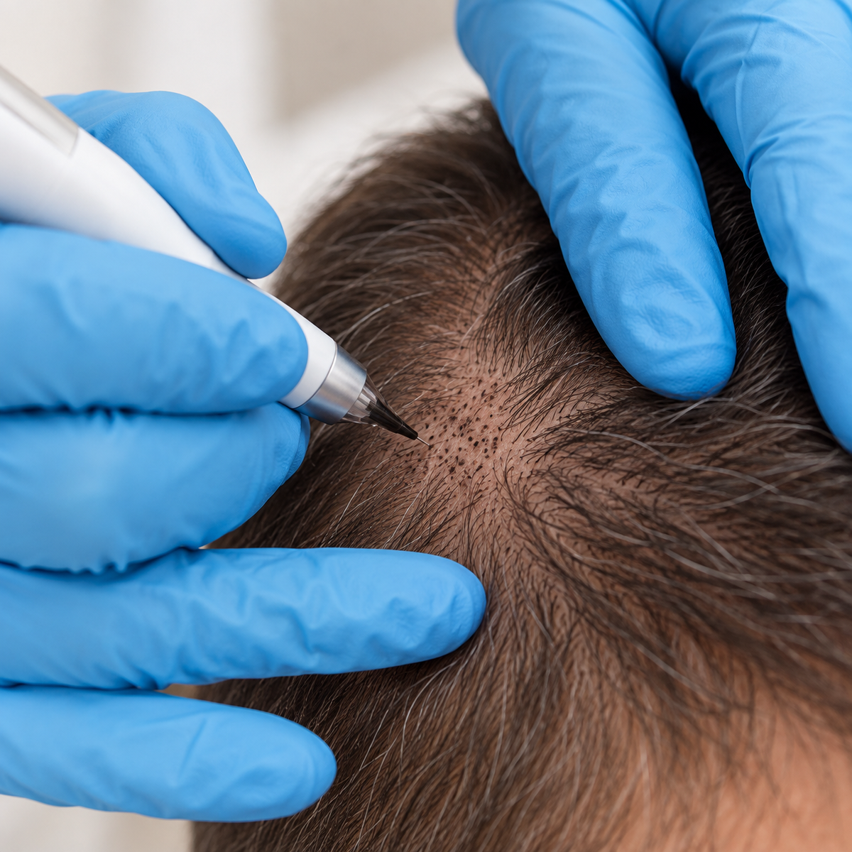 Illustration d’un geste de tricopigmentation entre les cheveux présents, avec gants et dermographe