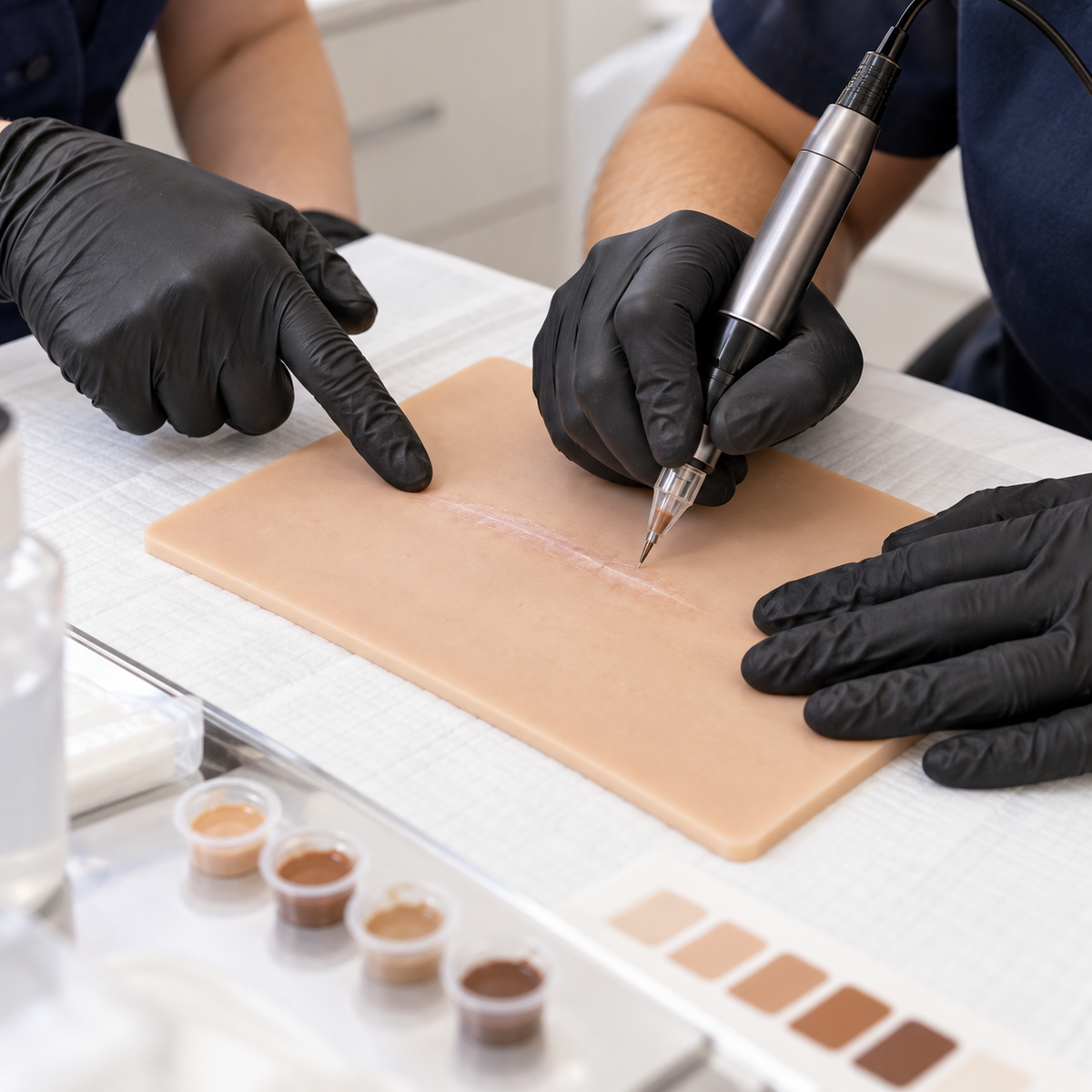 Illustration : apprentissage du geste de dermopigmentation réparatrice sur une peau silicone.